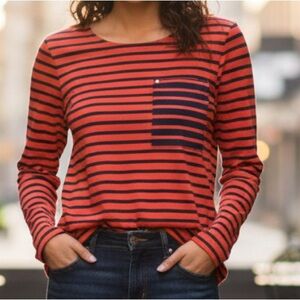 Lauren Ralph Lauren Red and Navy Striped Long Sleeve Cotton Blend Top Size L